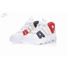 Mens More Uptempo White Red Basketball Shoes On Feet