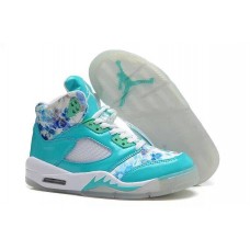 Order Womens Air Jordan 5 Floral Blue White Shoes On Feet